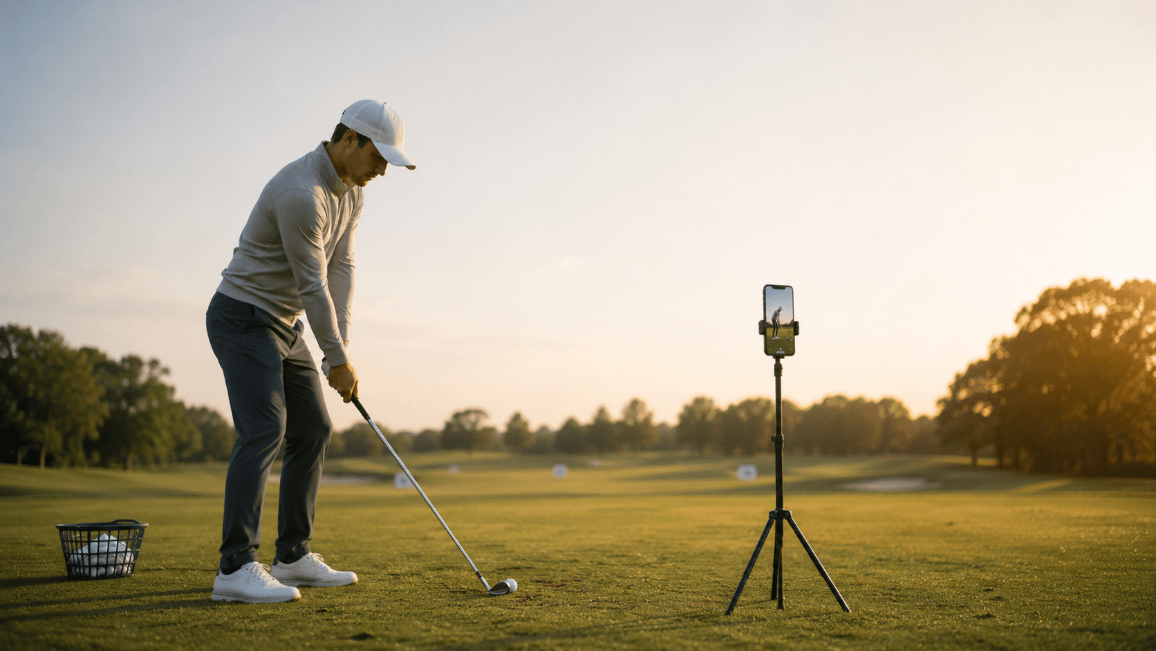 A golfer using a phone to review a practice swing